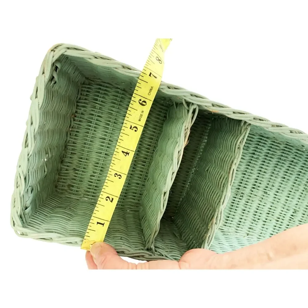 Vintage 60s 70s Caddy Handled Basket Divided Cottagecore Farmhouse Seafoam Green